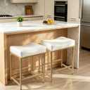 Bar Stools Set of 2, 24 Inch Gold White Counter Height Stools with Cushion, Faux Leather, Metal Frame, Modern Style Stools for Kitchen Counter Island, 24" Set of 2 with Nailhead Trim