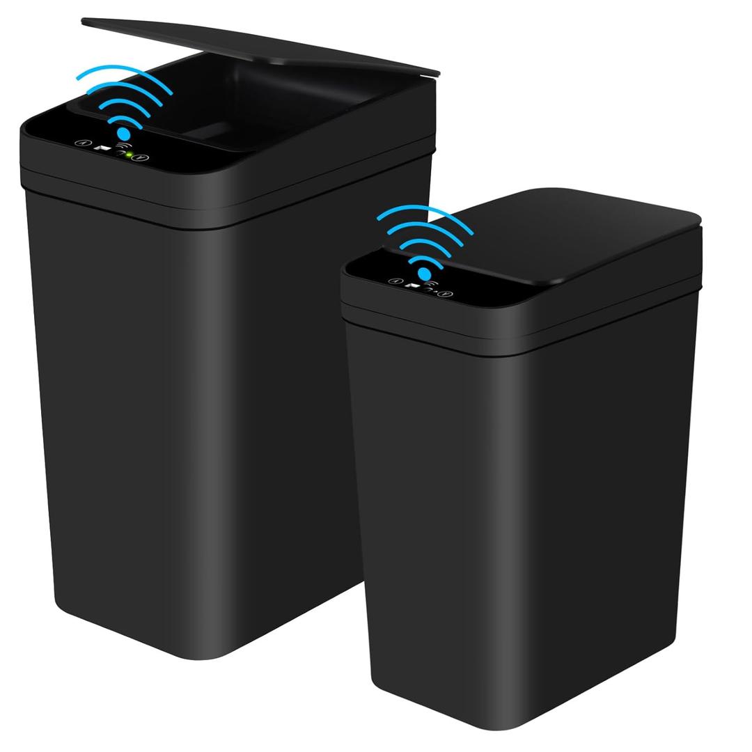 Bathroom Automatic Trash Can 2 Pack 2.2 Gal & 4 Gal Touchless Motion Sensor Small Garbage Can with Lid Smart Electric Narrow Garbage Bin for Bedroom Office Kitchen (Black)