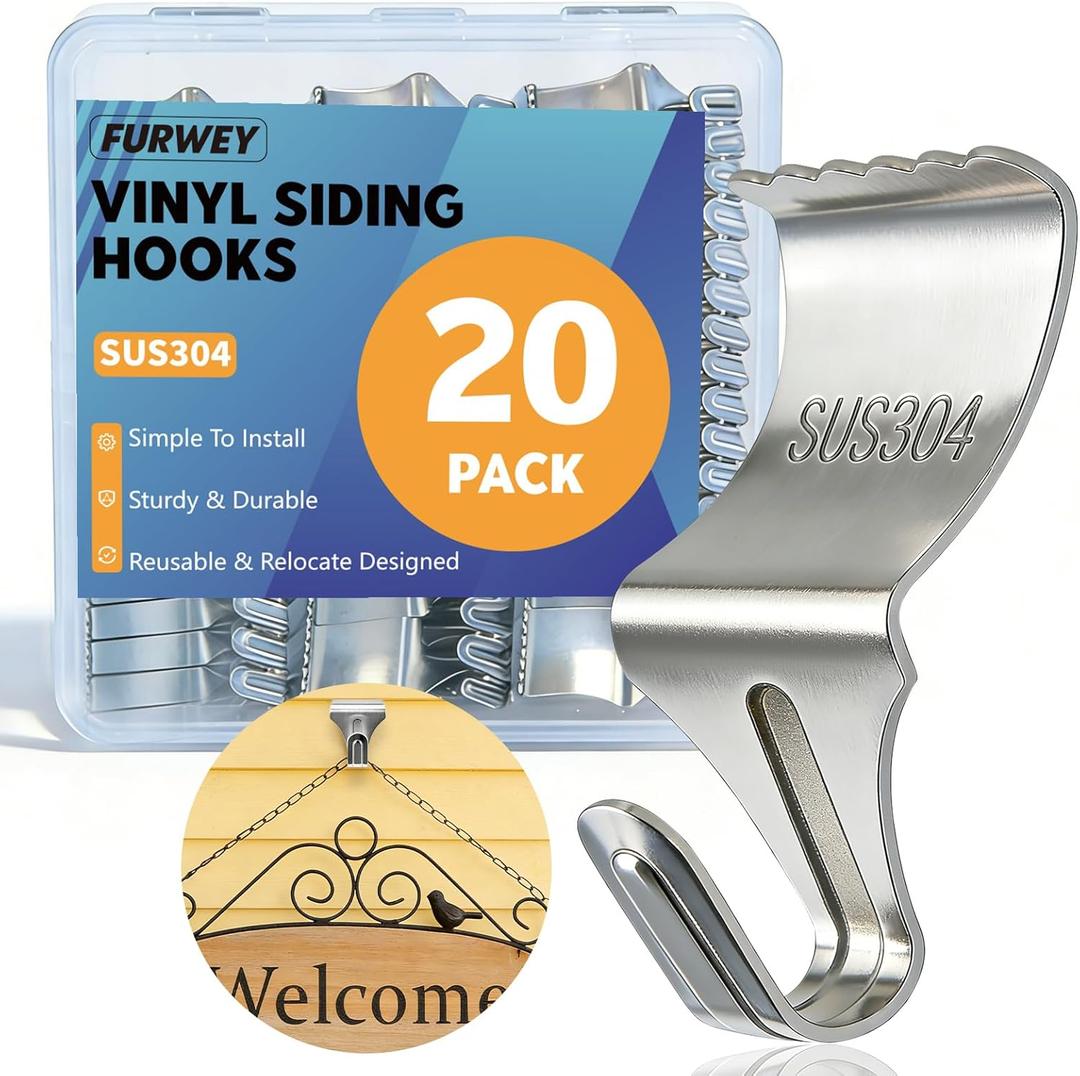 FURWEY 20 Pack Vinyl Siding Hooks, No Hole Vinyl Siding Clips, Heavy Duty Stainless Steel, for Outdoor & Festive Decoration