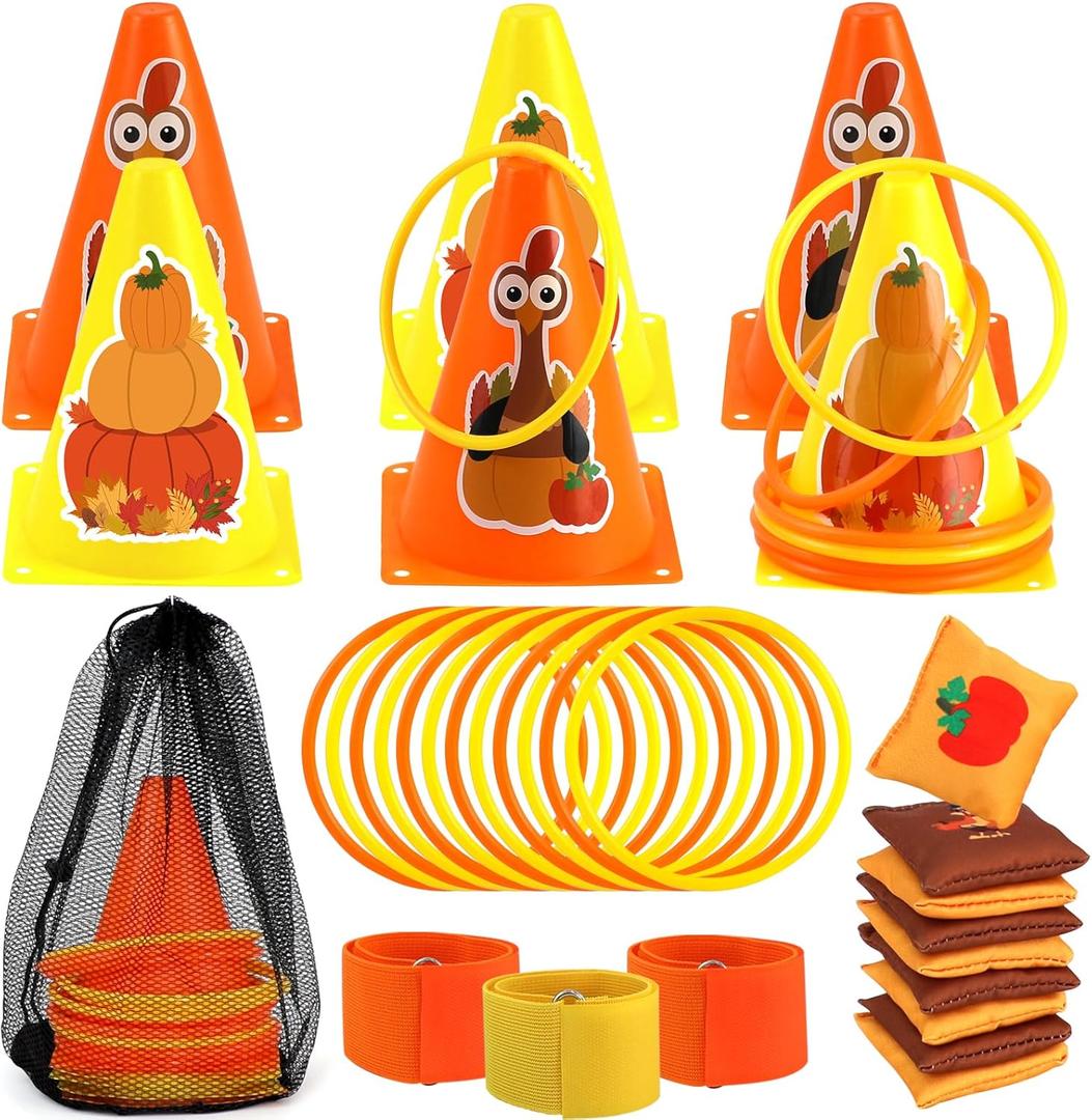 4 in 1 Fall Festival Thanksgiving Party Games with Ring Toss, Plastic Cones, Bean Bags, 3-Legged Race Bands, Thanksgiving Games for Family Boy Girl Adult Carnival Friendsgiving Outdoor Yard Activities