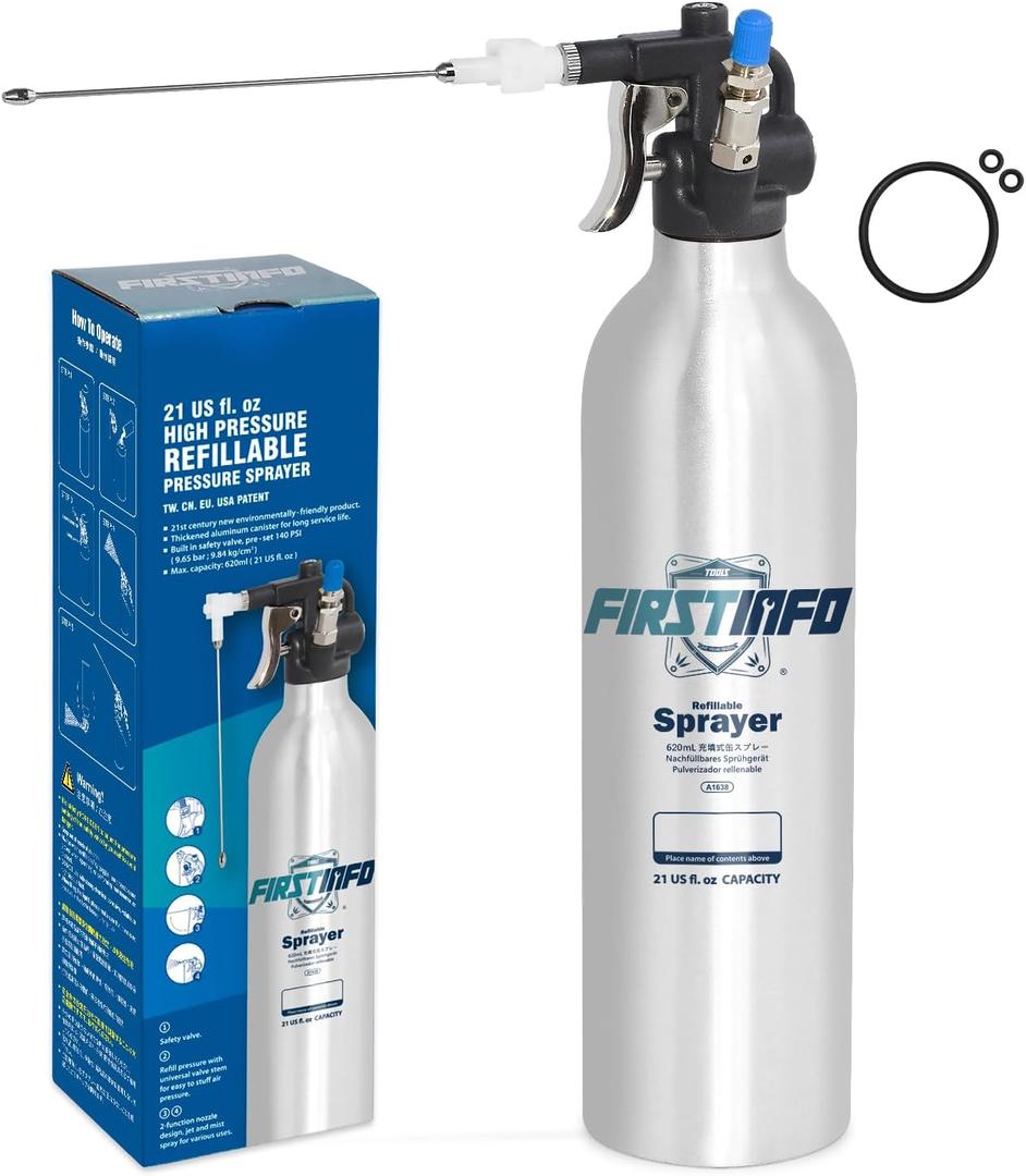 FIRSTINFO A1638 (3rd Gen) Patented Lightweight Max. Pressure 140psi / 620ml Thickened Aluminum Canister Refillable Aerosol Spray Can | Compressed Air Sprayer | Wide Mist Spray (21 Ounces)