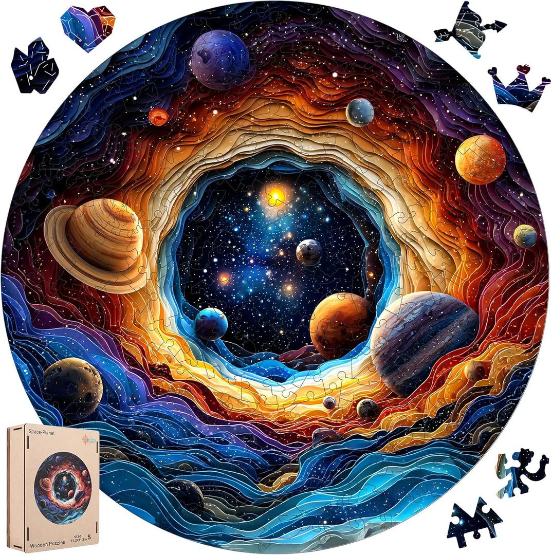 MEATRN 200 Pieces Wooden Puzzles for Adults - Planet Theme Colorful Astronomy Jigsaw Puzzle, Relaxing Space Puzzle Gift, Family Night Activity and Brain Challenge, 11.2x11.3 In (Small)