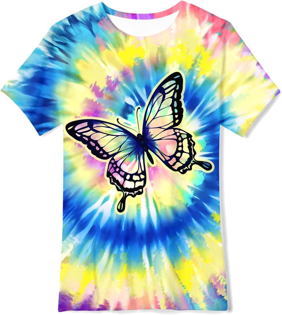 SunFoucs Girls Kids Shirts Size 5-12 Tie Dye Casual Tshirt Short Sleeve Crewneck Tee Top (7-8 Years, Butterfly 04)