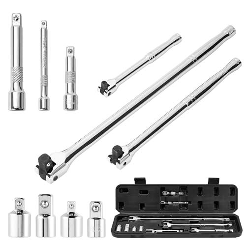 10 Piece Breaker Bar Set, 3/8" , 1/2" and 1/4" Drive, 180° Rotatable Head, 6'', 10'', 15'' Length, 3 Extension Bars, Organizer Case