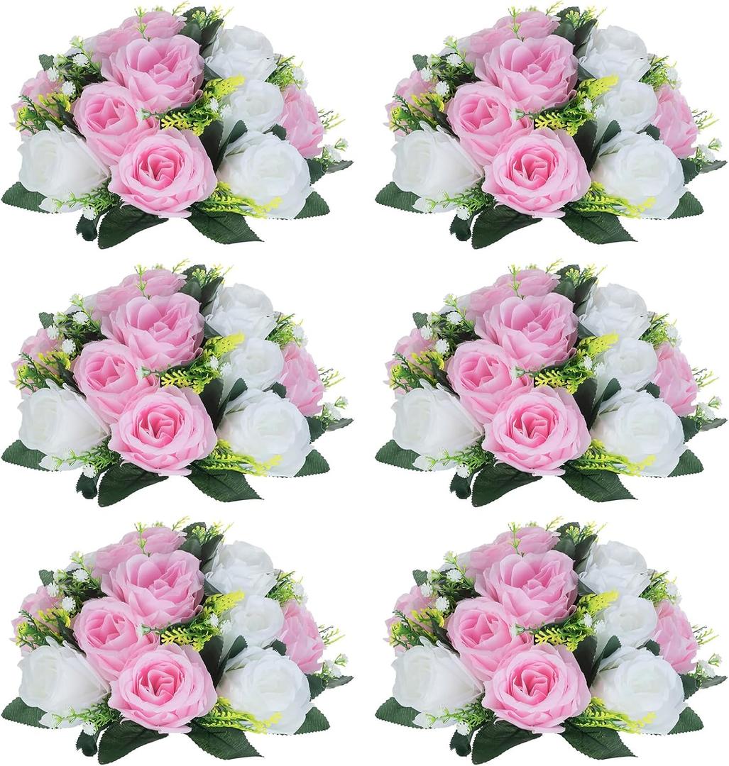 NUPTIO Pink & White Flower Balls: Artificial Rose Centerpieces for Tables | 6 Pcs, 9.5in Diameter, Fake Silk Floral Arrangement for Wedding, Birthday Party, Bridal Shower, Quinceanera Decorations