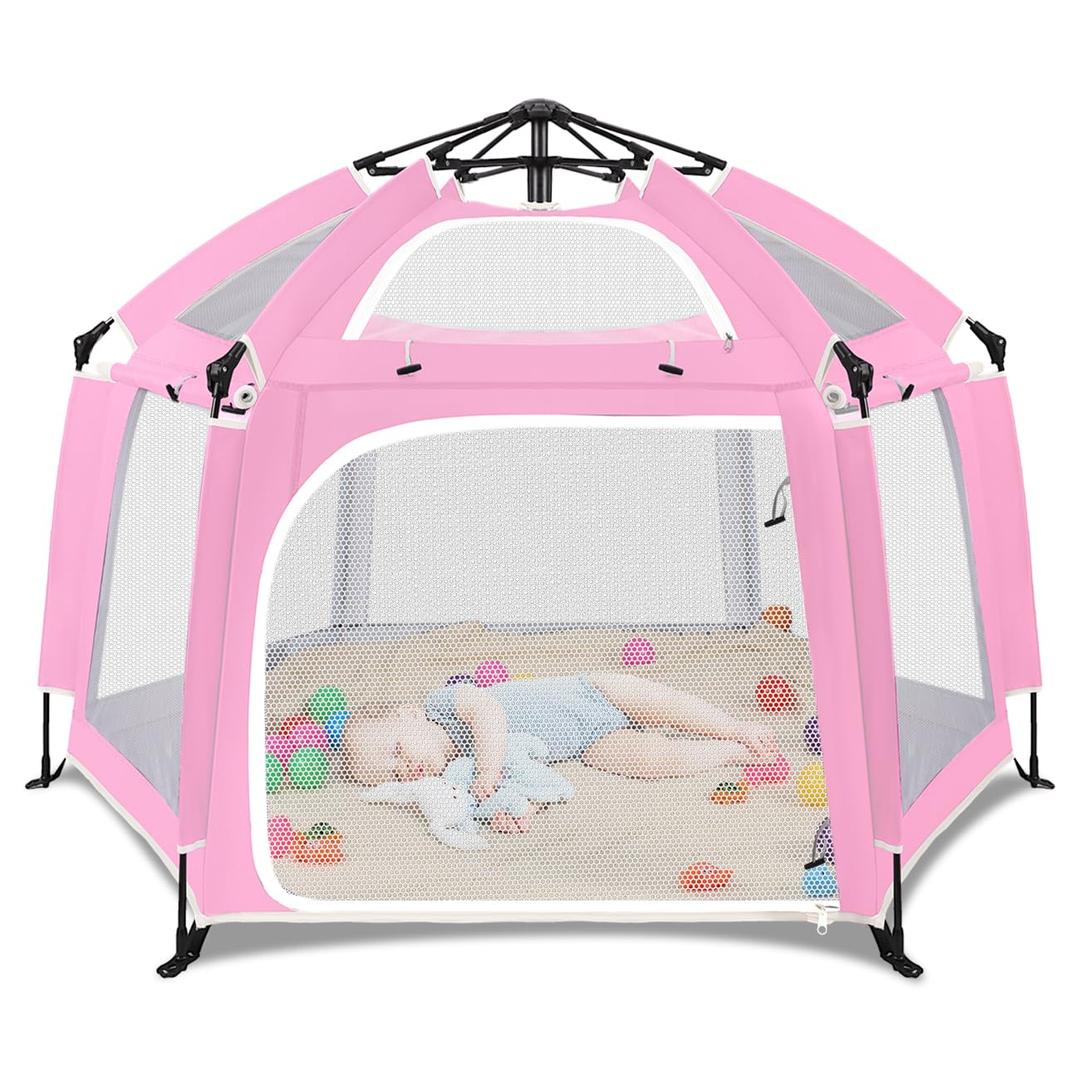 Pop Up Playpen for Baby, Portable Playpen for Babies and Toddlers with Removable Sun-Shades& 2 Side UV Covers, Lightweight Outdoor Baby Play-Pen for Beach Home with Travel Bag, Pink & Gray