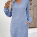 EVALESS Womens Fall Dresses 2026 Long Sleeve V Neck Casual Dress Textured Loose Fit Shift Mini Dress with Pockets (Blue, XL)