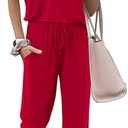 MASCOMODA 2 Piece Outfits for Women 2025 Summer Casual Quarter Zip Short Sleeve Tops Long Pants Tracksuit Jogger Lounge Sets, M, Red