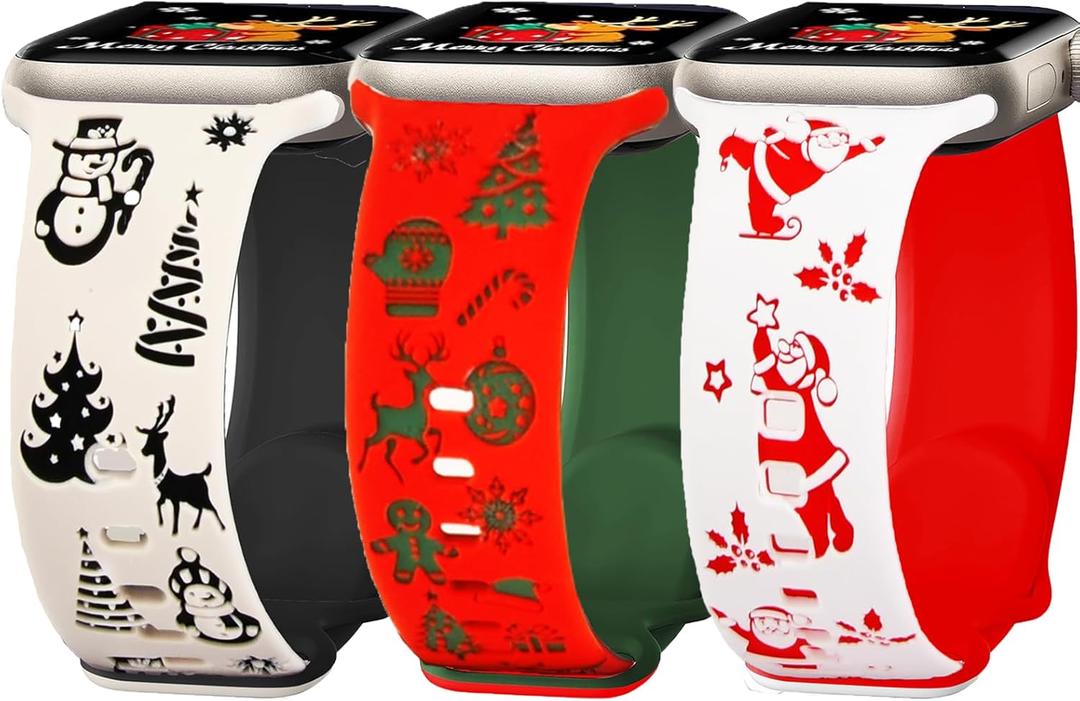 Christmas Band Compatible Apple Watch 38mm 40mm 41mm 42mm 44mm 45mm 46mm 49mm Winter Women,Blingbrione 3 packs Engraved Pink Silicone Santa Snowman Xmas Holiday Green Red 3 Sets Strap for iphone Watch Series Ultra 11 10 9 8 7 SE 6 5 4 3 2 1