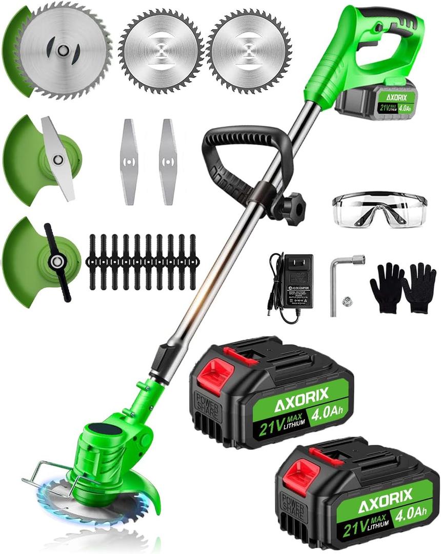 Electric Weed Wacker Cordless, 21V Weed Cordless Eater Battery Powered, with 2Pcs 4.0Ah Batteries, Stringless Brush Cutter, Lightweight Foldable Grass Trimmer, 3 Types Blades, Green