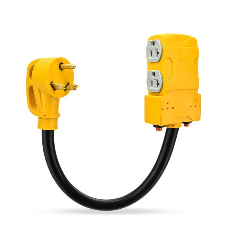 30 Amp to 20 Amp 110V RV Distribution Adapter, TT-30P to 4 X 5-20R/15R RV 4-Prong to Mutiple Household Outlet w/ 20amp Circuit Breaker, RV Generator Distribution Cord Electrical Outlet 1.8FT