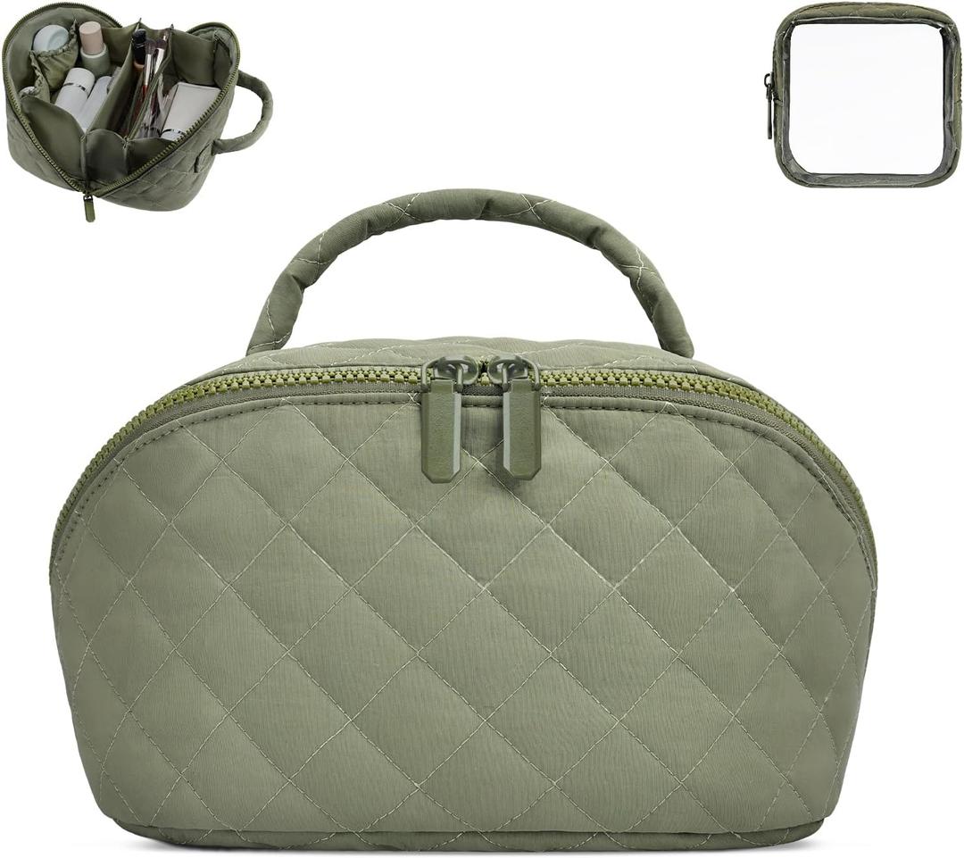 Makeup Bag,Quilted Puffer Cosmetic Bags,Travel Toiletry Bag for Women,Large Capacity Waterproof Make up Bag Set (Medium, Green)