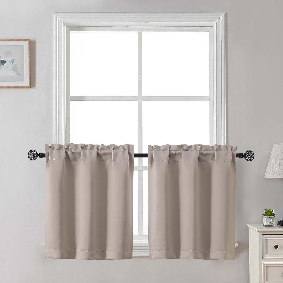 Gwine 24 Inch Long Tier Curtains for Small Window, Short Blackout Kitchen Curtains Over Sink, Half Window Drapes for Bedroom Bathroom Basement, 2 PCS, Each 30" Wx24 L, Stone