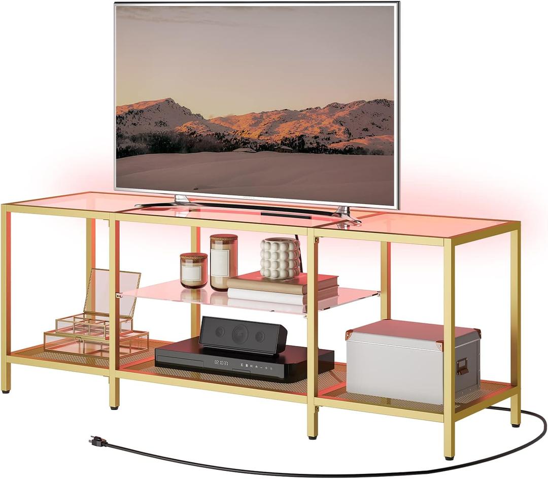 HOOBRO TV Stand with LED Lights and Power Outlets for TVs up to 65", Modern 55 Inch Tempered Glass TV Console Table with Open Shelves, Media Entertainment Center for Living Room, Gold GD145UDS01