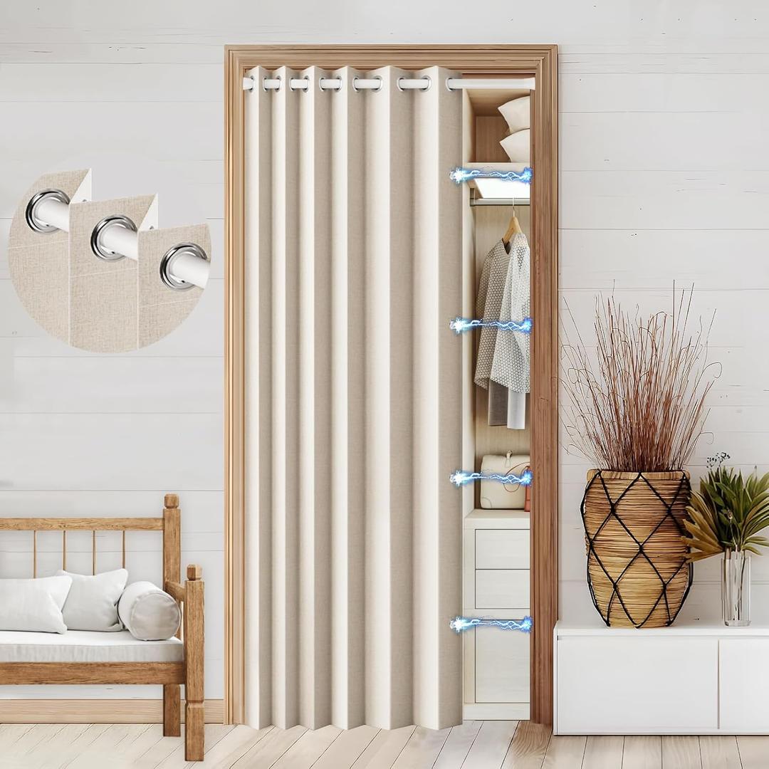 100% Blackout Faux Linen Doorway Curtain Accordion Style Doors for Doorway Magnetic Door Curtain, 80 Inch Room Divider Curtains for Cover, 1 Panel, W45 x L80, Sand