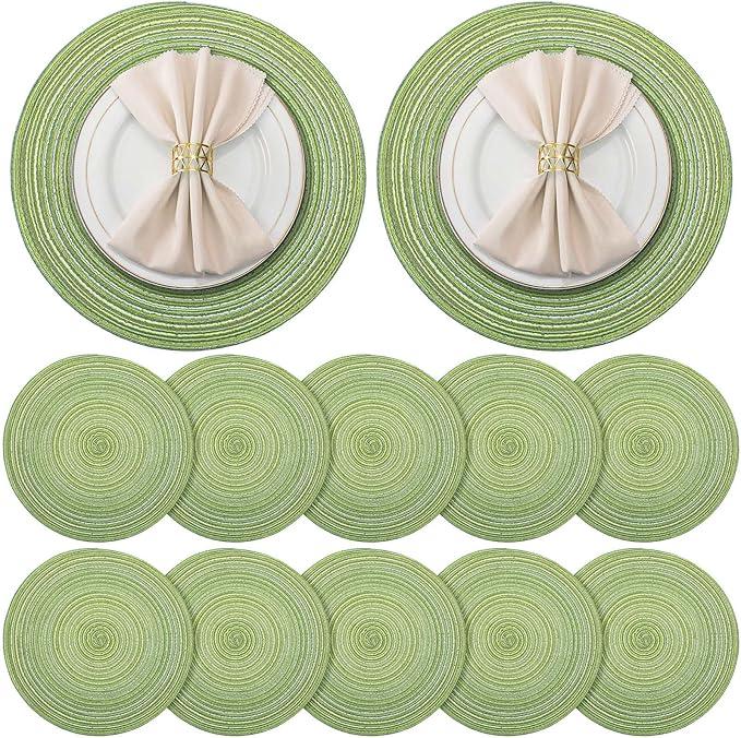 Mindsoft 12 Pcs Round Placemats 14.2 Inch Woven Braided Placemats Washable Reversible Circle Polyester Table Mats for Dinner Holiday Spring Party Wedding Table Centerpiece 