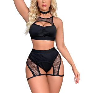 Women Rave Outfits Cutout Fishnet Top Booty Shorts Bottom Choker 3Pcs Babydoll Nightwear Festival Lingerie (Black, M)