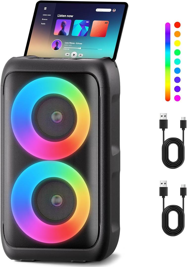 PWBSLAI Bluetooth Speaker with 2 Rechargeable Wireless Microphone - Portable Party Speaker with Colorful Lights - Floorstanding Speakers Support TWS/ AUX/ USB/ TF Card Ideal for Party, Home, Camping