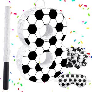 16Inch Soccer Ball Number 8 Piata Includes Wooden Stick, Blindfold, and Confetti for for Kids 8th Anniversary Sport Themed Party Birthday Supplies