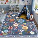 RELEANY Floral Nursery 9x12 Area Rugs Washable Print Boho Cute Carpet Non Slip Flower Low Pile for Living Room Kids Girls Playroom Bedroom Kitchen Office Farmhouse-Blue/Grey