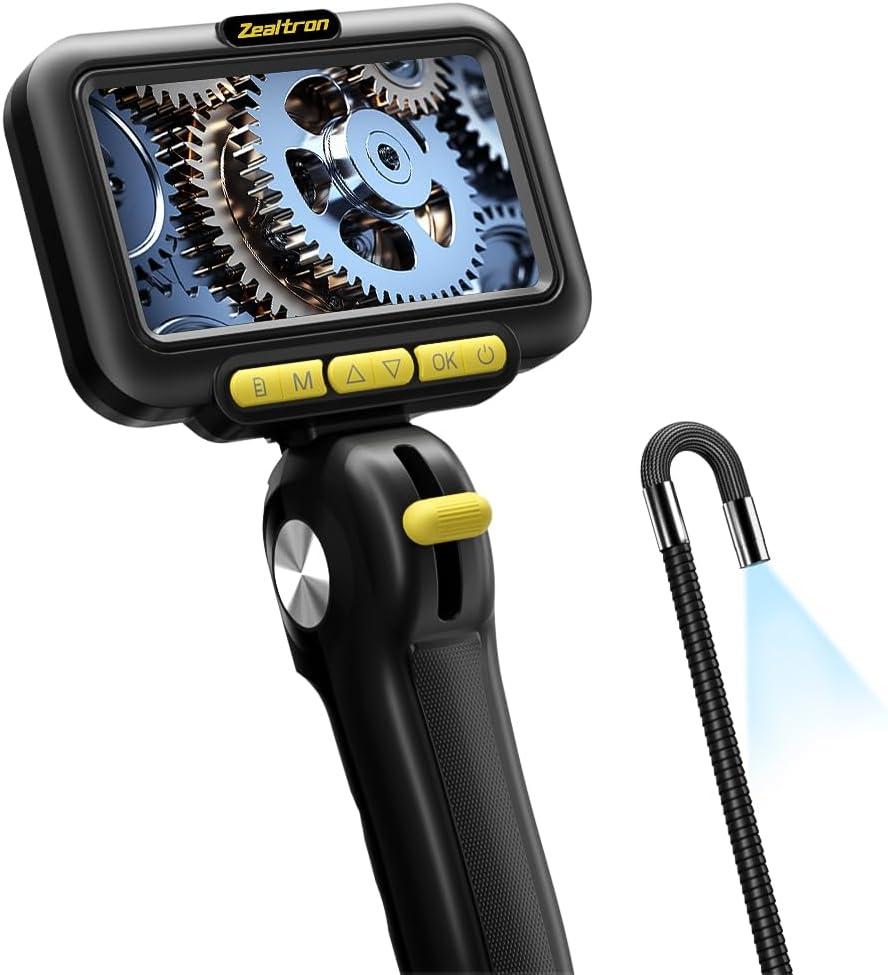 Two-Way Articulating Borescope with Light, 5 Inch IPS Screen Industrial Endoscope with 0.24in/6.2mm Articulated Probe, 5ft Highly Resilient Snake Cable Inspection Camera for Wall Automotive