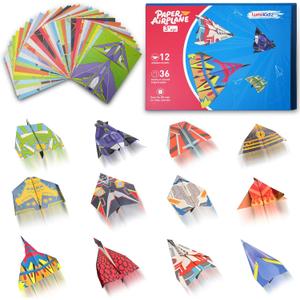 Paper Airplane Origami Kit for Kids Ages 8-12, 12 Paper Airplane Designs with 36 Colorful Origami Papers, Folding Airplane Activities for Kids, Creative Origami Kit Gift for Boys Girls