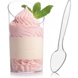 Zezzxu 50 Pack Mini Dessert Cups with Spoons, 2.2 oz Plastic Small Dessert Shotter Cups Slanted Appetizer Cups for Serving Mousse Pudding Triffle