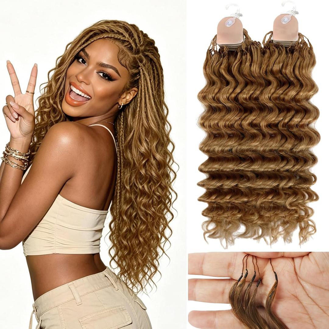 Human Crochet Hair for Black Women 18inch 60g Pre Separated 50 Strands Deep Wave Feather Crochet Human Hair Extensions 27# Invisible Miracle Knots Boho Honey Blonde Crochet Bundles