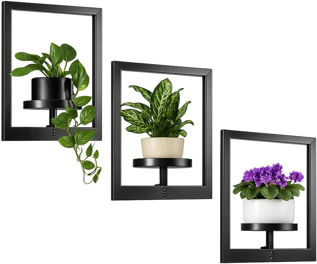 Heavy-Duty Wall Planters for Indoor Plants, Modern Metal Hanging Plant Holders, Picture Frame Wall Plant Shelves for Living Room, Balcony, Patio, Window Garden Dcor, 3-Pack