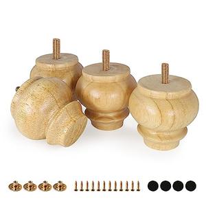 FoDau770 Rubber Wood Furniture Legs 3 Inch, Mid-Century Modern Couch Feet Heavy Duty Sofa Legs Set of 4, Vintage Dresser Feet Round Ottoman Leg Bun Feet Replacement Leg for DIY Furniture Projects