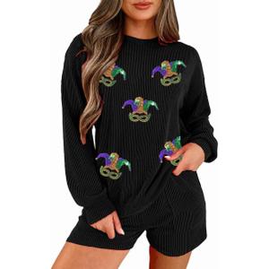 Womens Ribbed Pajama Sets Long Sleeve Top and Shorts Matching Lounge Set Loungewear Sweatsuit with Pockets (Black, L)