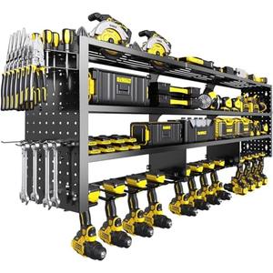RacKeaLsi 49" W Large Power Tool Organizer Wall Mount, 4 Layer Heavy Duty Metal Tool Storage Rack with 12 Drills Holder, Utility Racks for Garage Workshop, Ideal Garage Organization