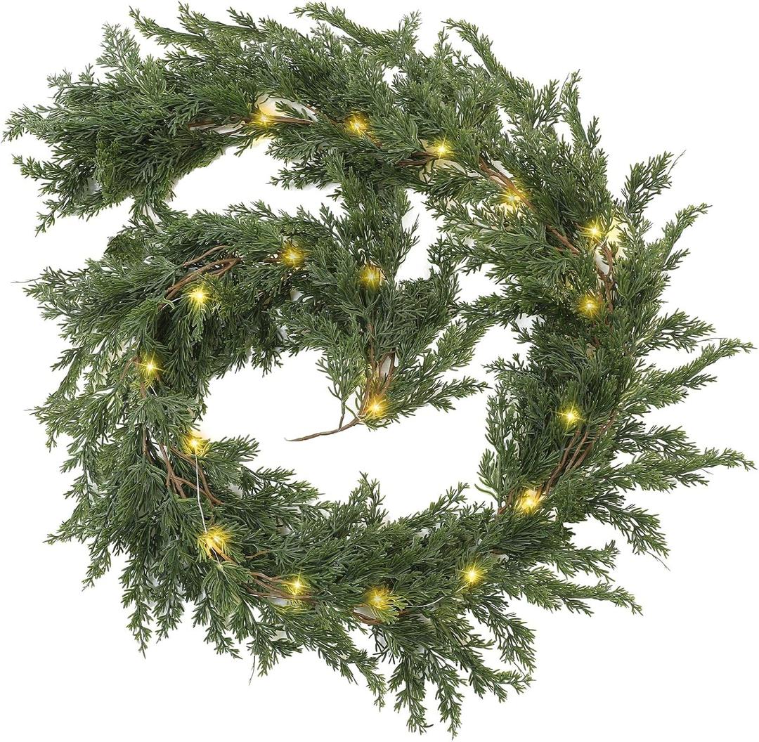 Jutom 1 Pack LED Christmas Cedar Garland Artificial Pine Cypress Vines with Light Christmas Garland with Lights for Christmas Table Mantle Background Wall Room Outdoor Indoor Winter Decoration (9 ft)