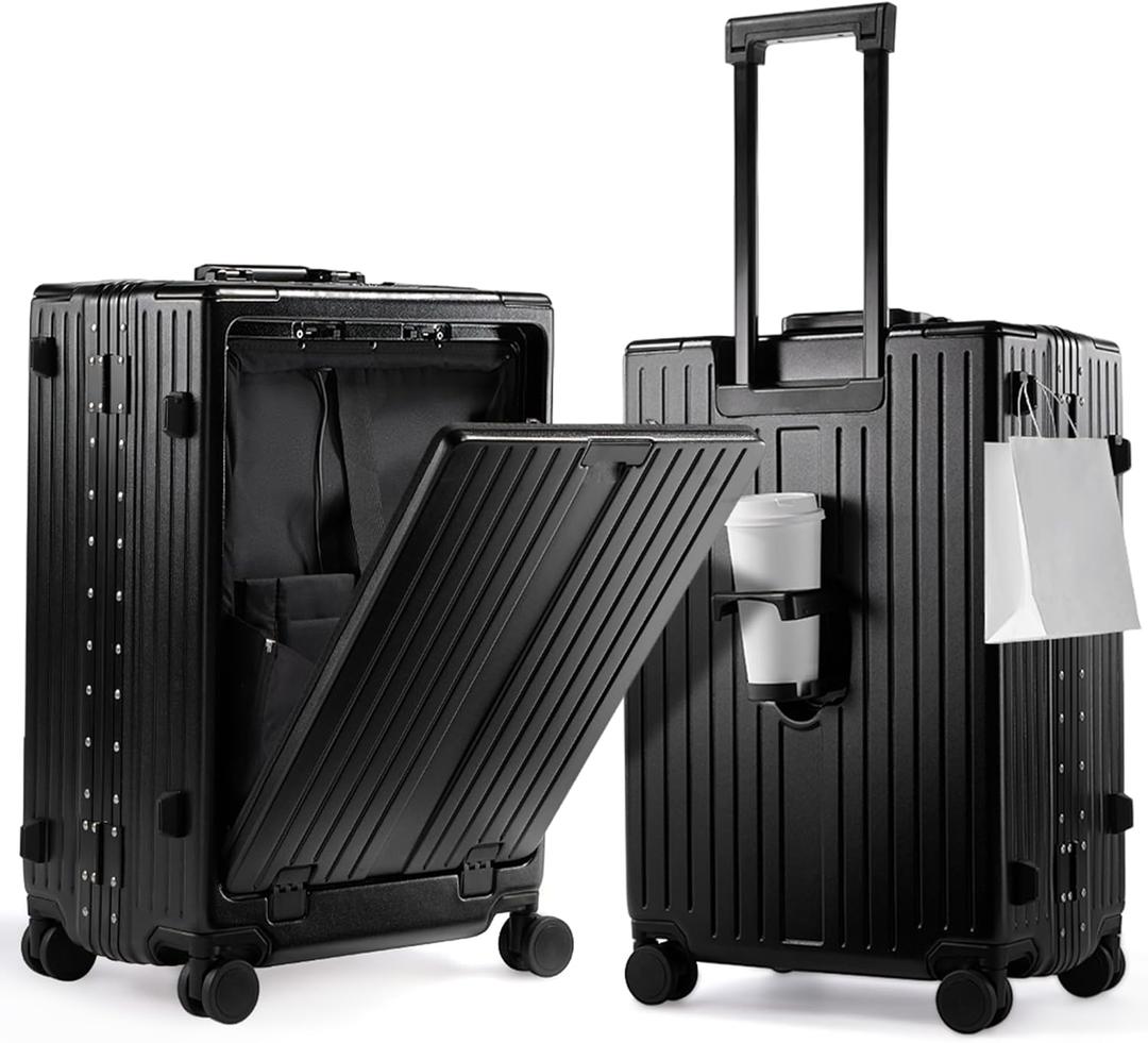 UrbanExplorer 20 Inch Carry On Luggage TSA Approved, Aluminum Frame Zipperless Luggage Carry On with Compartment for Short Trips, ABS+PC Hard Shell Suitcases with Spinner Wheels, Black