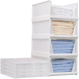 5 Pack Stackable Closet Storage Basket, Stackable Storage Bins, Multifunctional & Foldable Closet Organizers, Plastic Drawer Basket for Wardrobe, Kitchen, Bedrooms, Bathrooms, Office, White