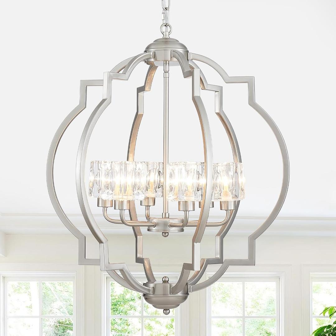 21.7" Modern Brushed Nickel Chandelier Large Farmhouse 6-Light Rustic Pendant Lighting Fixtures Geometric Hanging Lamp for Dining Room Living Room Bedroom Kitchen Island Home Office, 21.7x21.7x25.6 inches