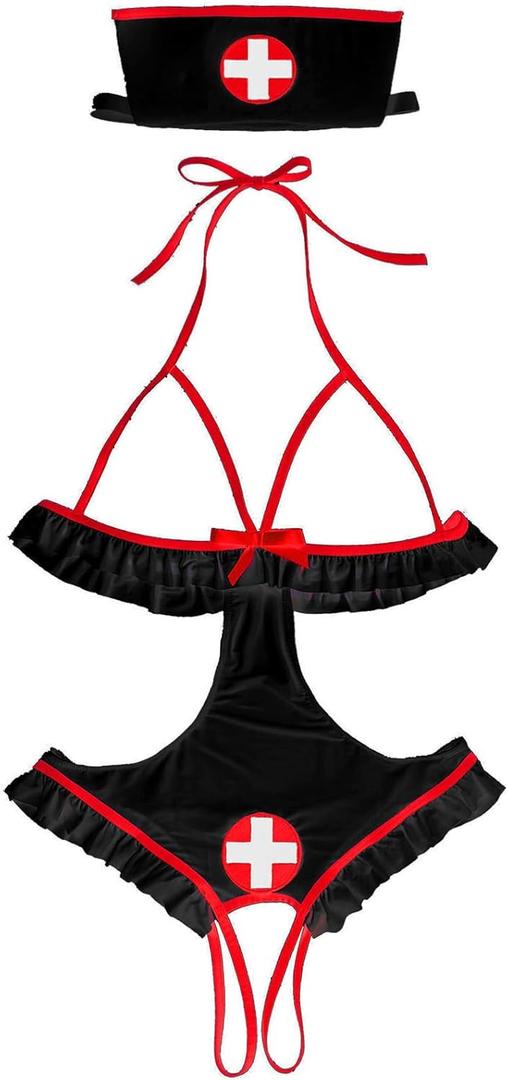 Sexy Nurse Costume Lingerie for Women, 2 Pcs Nurse Lingerie Set With Headband Sexy Halloween Costume Woman 2025 (Large, Black)