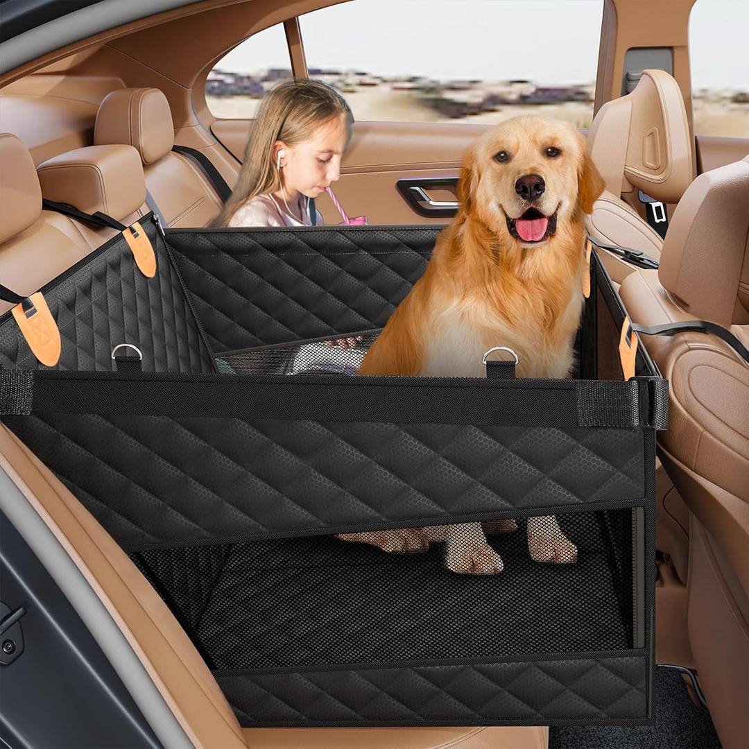 PETICON Large Dog Car Seat, Back Seat Extender for Dogs with 3 Mesh Windows, Waterproof Medium Car seat for Dogs with 4-Splice Hard Bottom, Pet Seat Cover for Cars, Trucks and SUVs (Black)