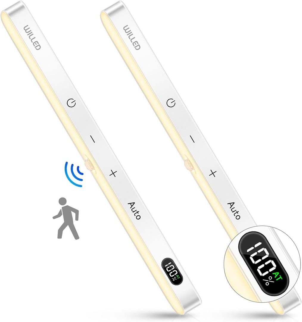 WILLED 3000K Closet Lights Motion Sensored, Battery Display, 60 LED Touch Light Bar, Motion Sensor Light Indoor, Under Cabinet Lights Rechargeable, Stick on Lights for Closet, Kitchen, Hallway, 2 Pack (Warm White 3000K)