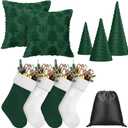 Set of 10 Christmas Velvet Trees Plush Stockings and Faux Fur Pillow Cover Set Mini Cone Tree Ornaments Tabletop Centerpiece with Storage Bag for Party Xmas Home Decoration(Dark Green,White)