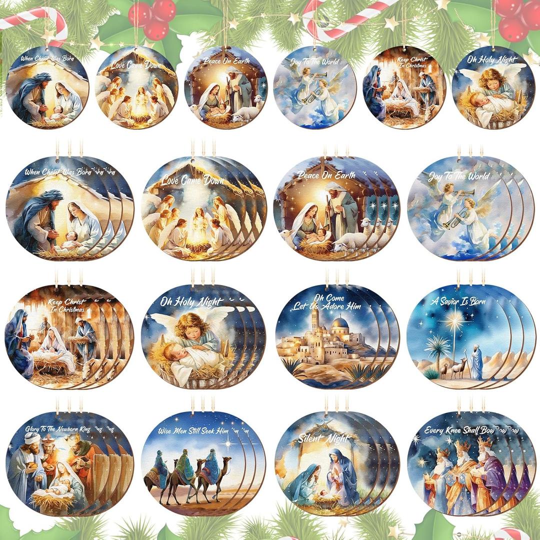 Soaoo 36 Pcs Nativity Ornaments Bulk for Christmas Tree Wooden Nativity Scene Ornaments Bulk Round Xmas Tree Hanging Decorations Birth of Jesus Christian Ornament for Advent Decor