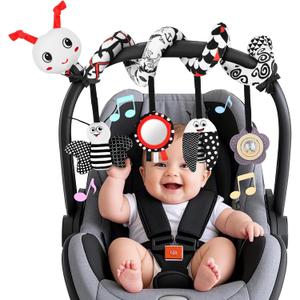 Car Seat Toys for Babies, 0-6 Months Stroller Activity Black White Baby Spiral Plush Toys Newborn High Contrast Sensory Carseat Toys with 4 Pendants Hanging Boys Girls Gift