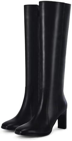 Coutgo Womens Square Toe Knee High Boots Leather Chunky Heel Fashion Dressy Winter Shoes with Side Zipper, Size 8