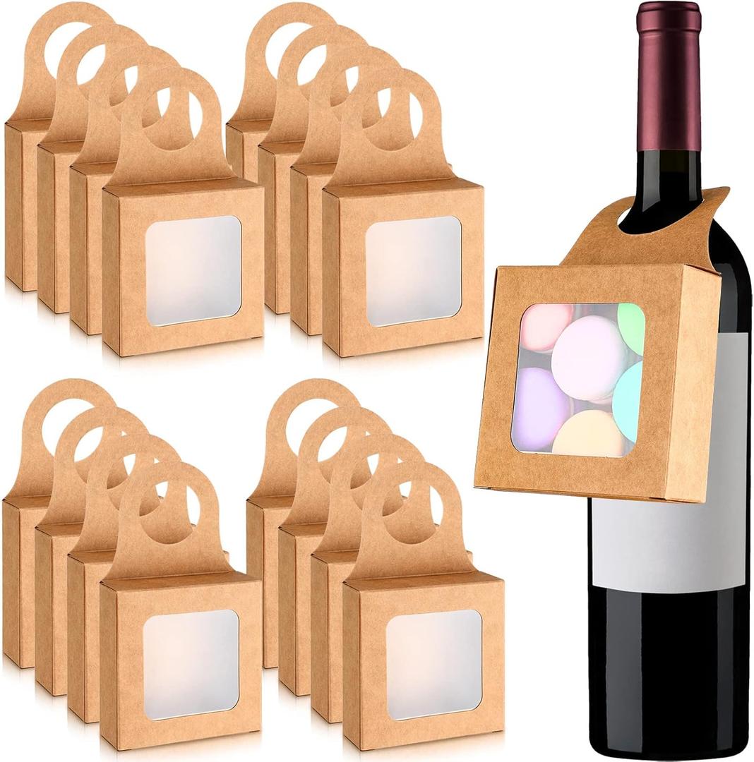 Crtiin 25 Count Kraft Paper Wine Bottle Boxes Small Hanging Gift Boxes with Window for Empty Wine Bottles, Decoration and Gifts(3.5 x 3.5 x 1.2 Inches,Kraft Color)