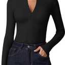 QINSEN Long Sleeve Shirts for Women V Neck Half Zipper Ribbed Knit Going Out Tops Full Length Basic Tee (Medium, Black)