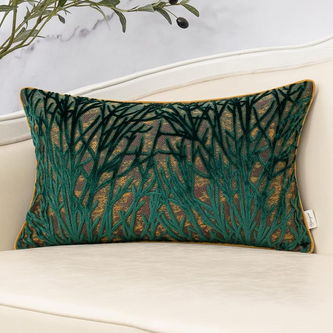 Yangest Green Throw Pillow Cover Velvet Cushion Cover Branches Rectangular Pillowcase for Sofa Couch Bedroom Living Room, 12x20 Inch