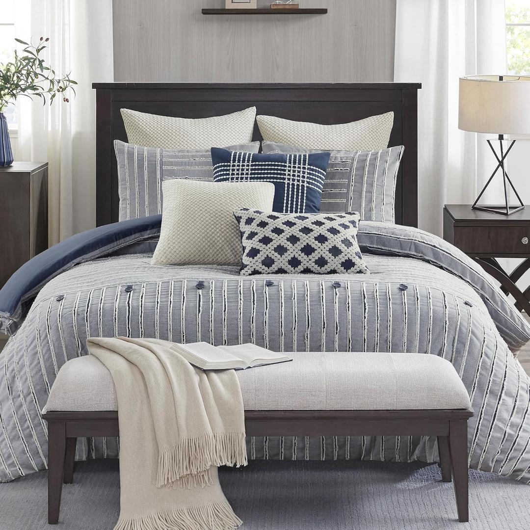 Madison Park Queen Comforter Cotton Clipped Jacquard, Oversized Comforters Queen Size Bed, All Season Down Alternative Overfilled Queen Size Comforter, Essence, Full/Queen, Blue 8 Piece (Queen, Blue)