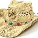 FLUFFY SENSE. Cowgirl Hats for Women Straw Cowboy Hat Western Beach Sun Hat with Shapeable Brim for Coastal Cowgirl (Sunkissed Blonde, 6 5/8-7 1/2)