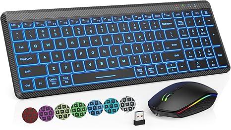 Wireless Keyboard and Mouse Bluetooth, Multi-Device Mini Keyboard, Switch up to 3 Devices, Slim Portable Travel Backlit Cordless Set, RGB Silent Mouse, for Mac, iOS, Android, Ipad (Black