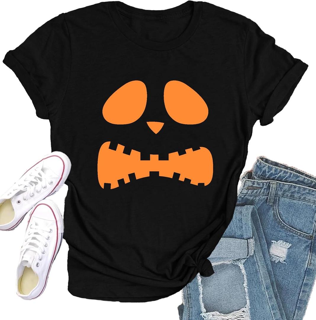 Halloween Shirts for Women Halloween Pumpkin T-Shirt Jack-o'-Lantern Face Tee Tops (Medium, Black)